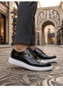 BA0003 Siyah Kapaklı Burun Bağcıklı Rugan Beyaz Taban Erkek Oxford Ayakkabı