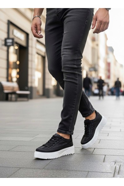 BA0801 BOA Yüksek Taban Siyah Paraşüt Kumaş Cilt Detaylı Erkek Ayakkabı BA0801 BOA Yüksek Taban Siyah Paraşüt Kumaş Cilt Detaylı Erkek Ayakkabı