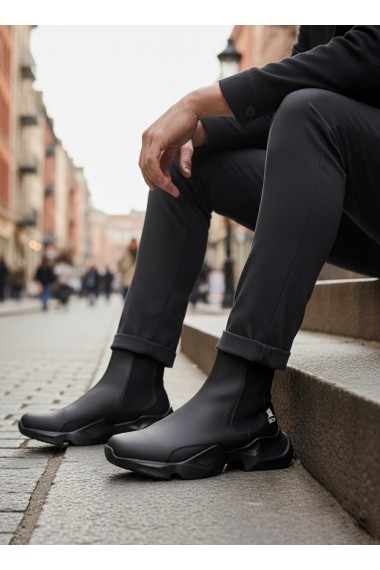 BA0444 Bağcıksız Rahat Yüksek Taban Siyah Erkek Spor Yarım Bilek Bot